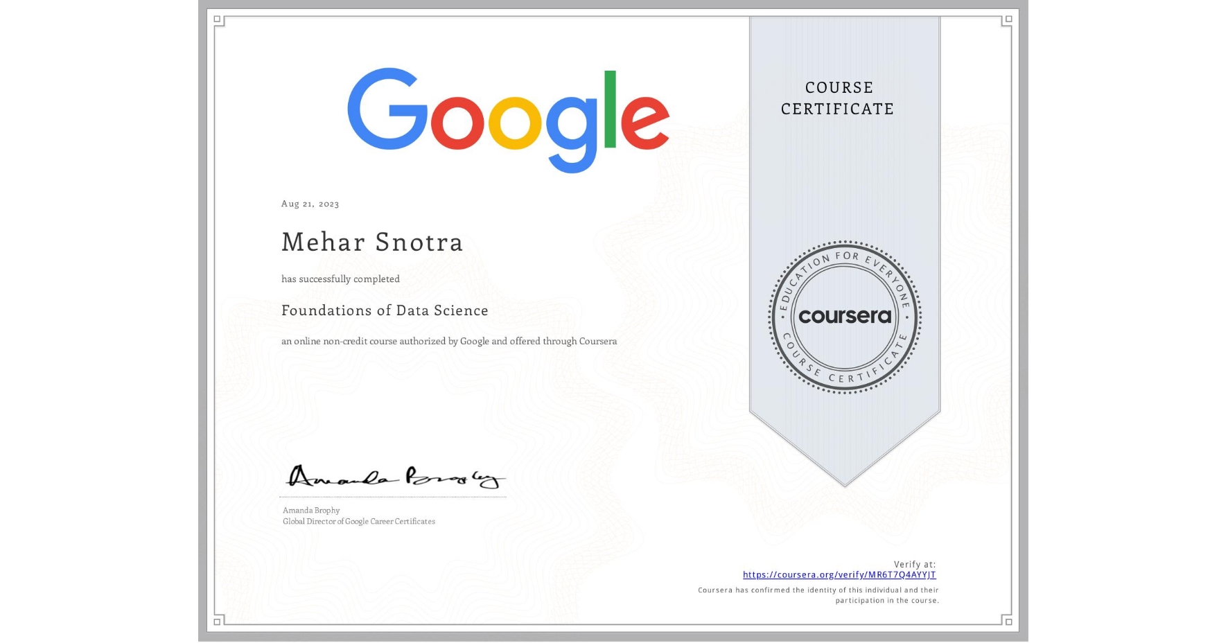 Completion Certificate for Foundations of Data Science