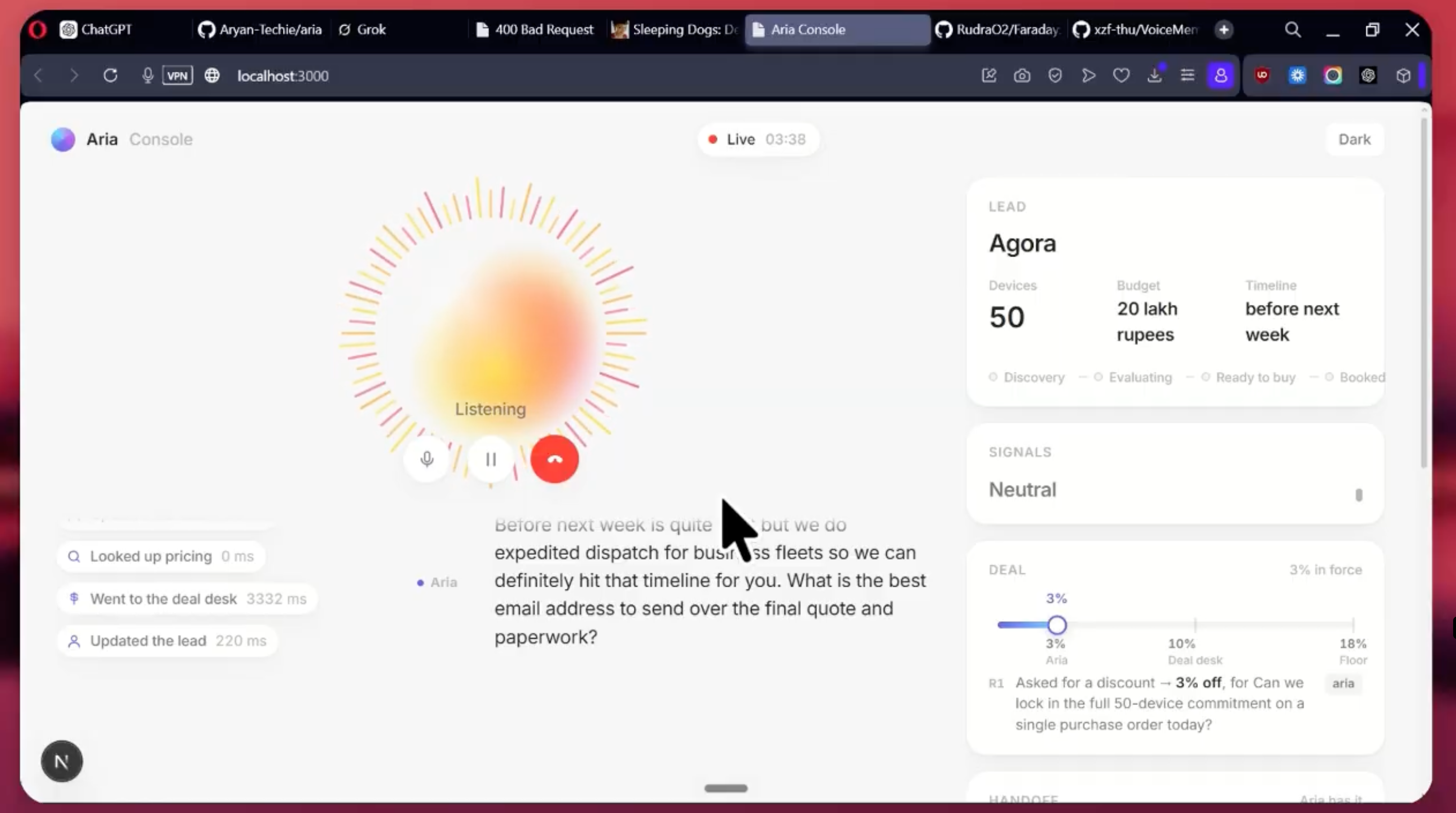 Aria: Real-Time Voice AI Sales Agent