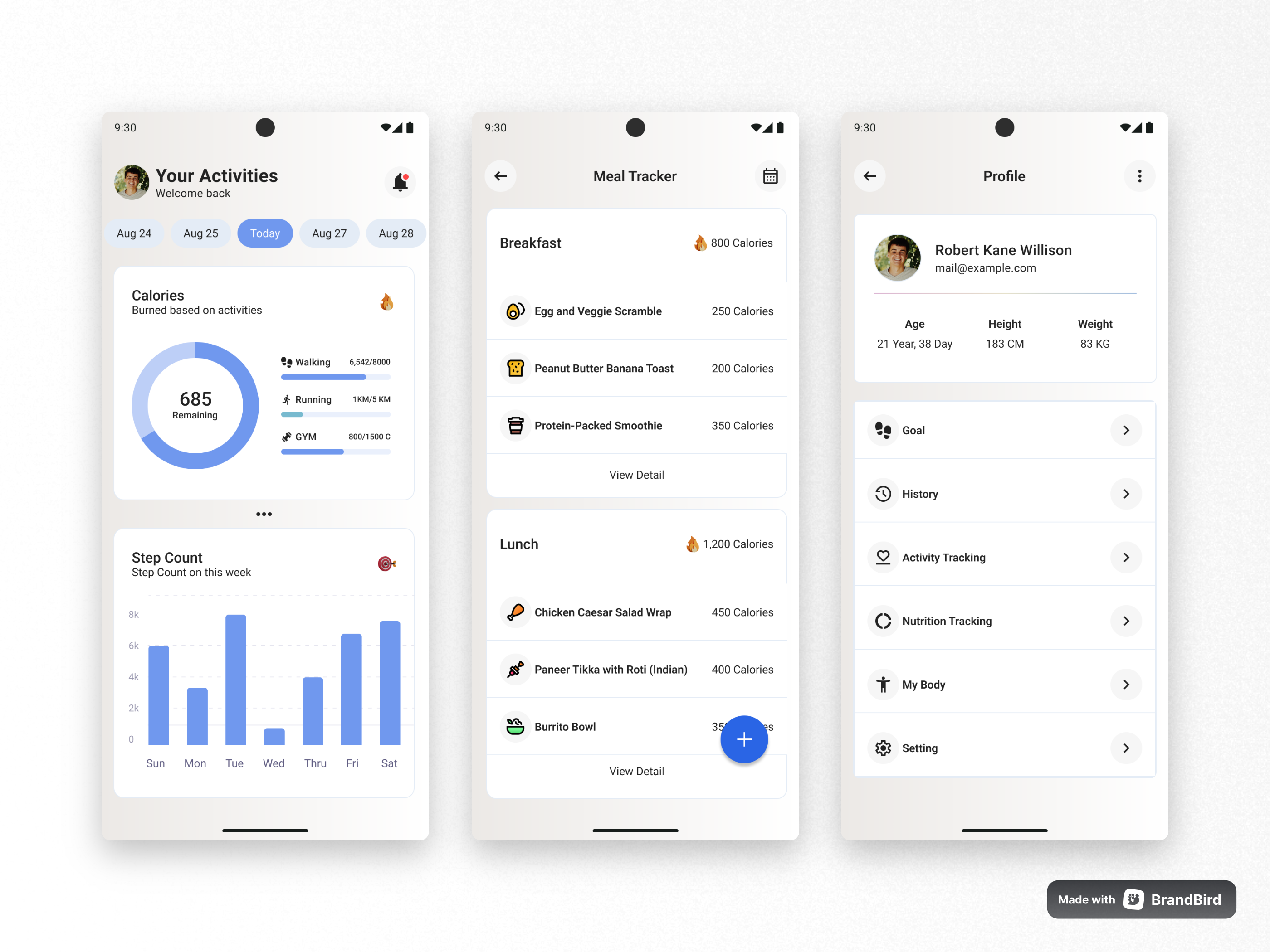 Activity & Nutrition Tracker App UI