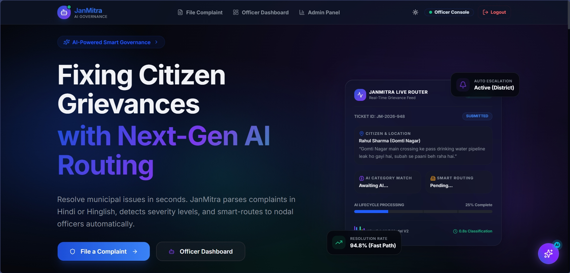 JanMitra AI — Smart Governance & Grievance Resolution Platform JanMitra AI — Smart Governance & Grievance Resolution Platform