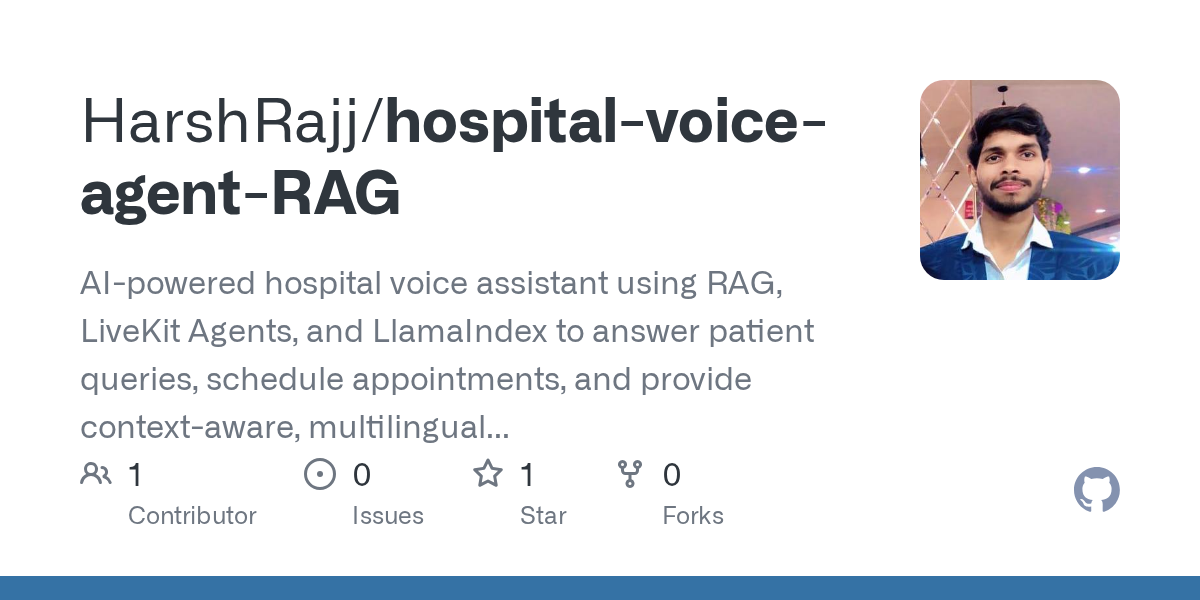 GitHub - HarshRajj/hospital-voice-agent-RAG: AI-powered hospital voice assistant using RAG, LiveKit Agents, and LlamaIndex to answer patient queries, schedule appointments, and provide context-aware, multilingual responses.