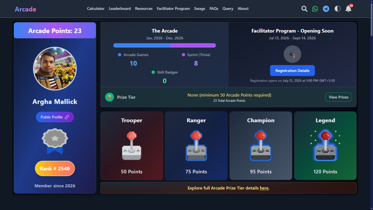 Google Cloud Arcade Points Calculator (2026) – Track Your Progress | Arcade Facilitator Program Google Cloud Arcade Points Calculator (2026) – Track Your Progress | Arcade Facilitator Program