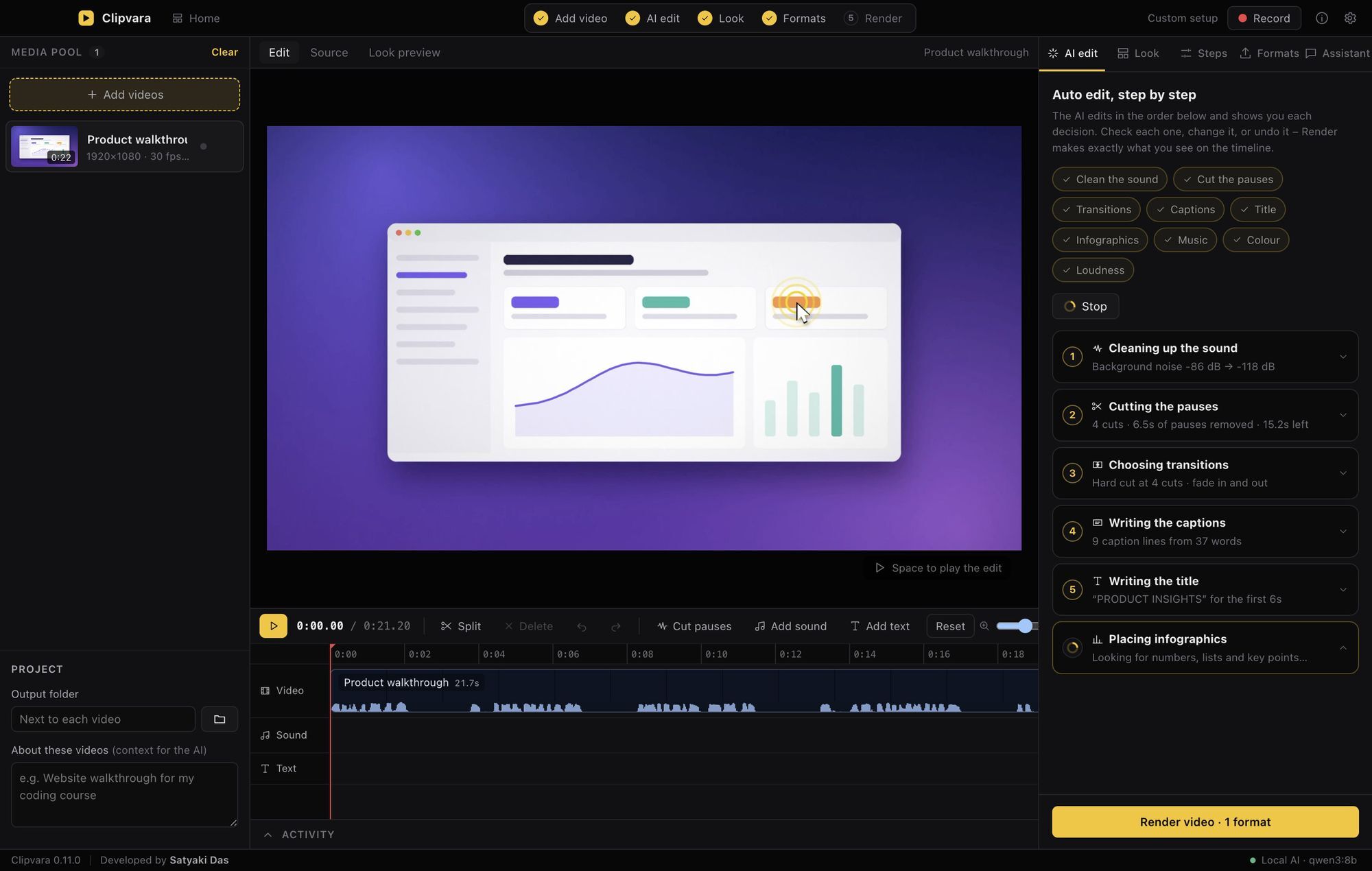 Clipvara: an AI video editor for Mac that shows every edit it makes Clipvara: an AI video editor for Mac that shows every edit it makes