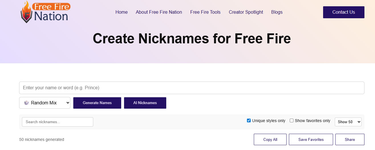 Create Nicknames for Free Fire