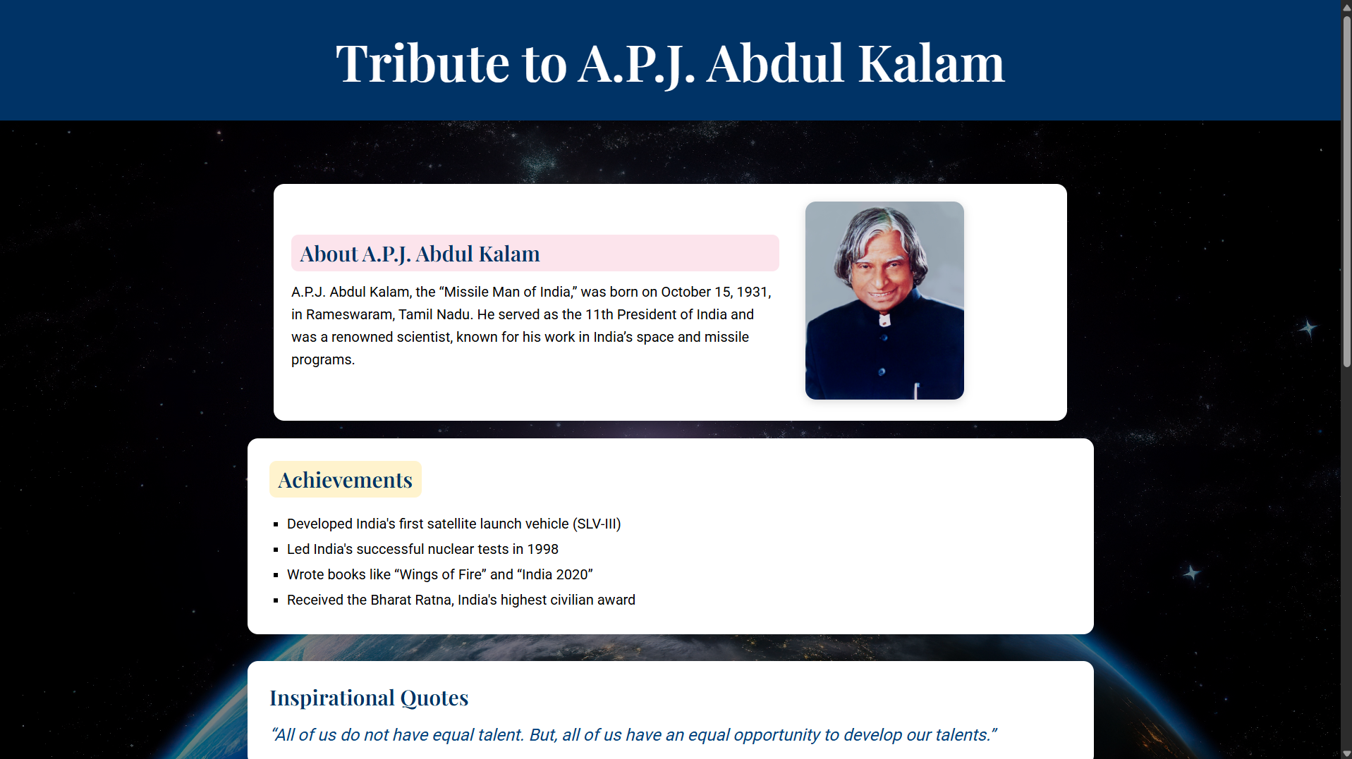 Dr. A.P.J. Abdul Kalam Tribute Page Dr. A.P.J. Abdul Kalam Tribute Page