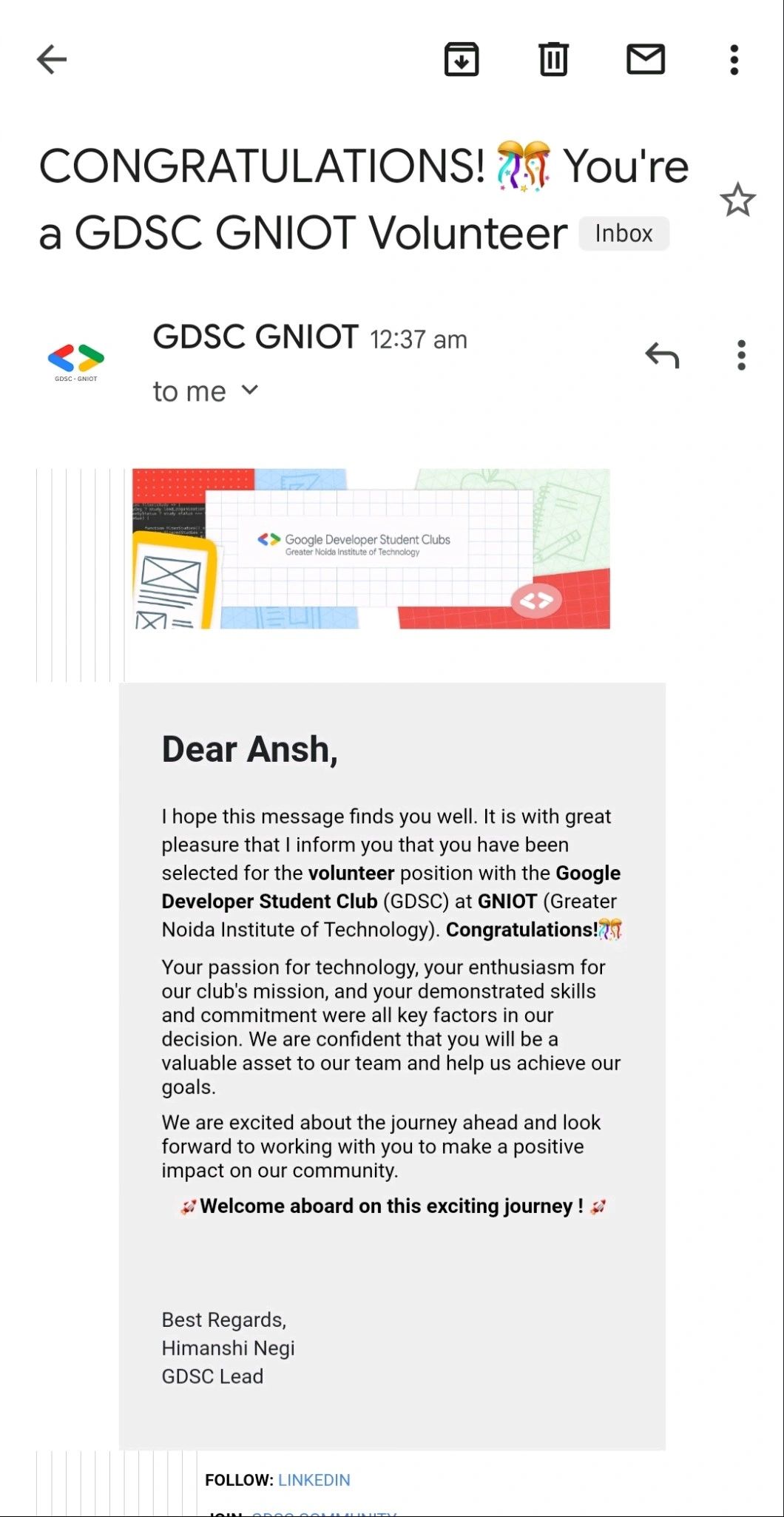Ansh Mani Tripathi on LinkedIn: #gdscgniot #googledeveloperstudentclubs #techcommunity…