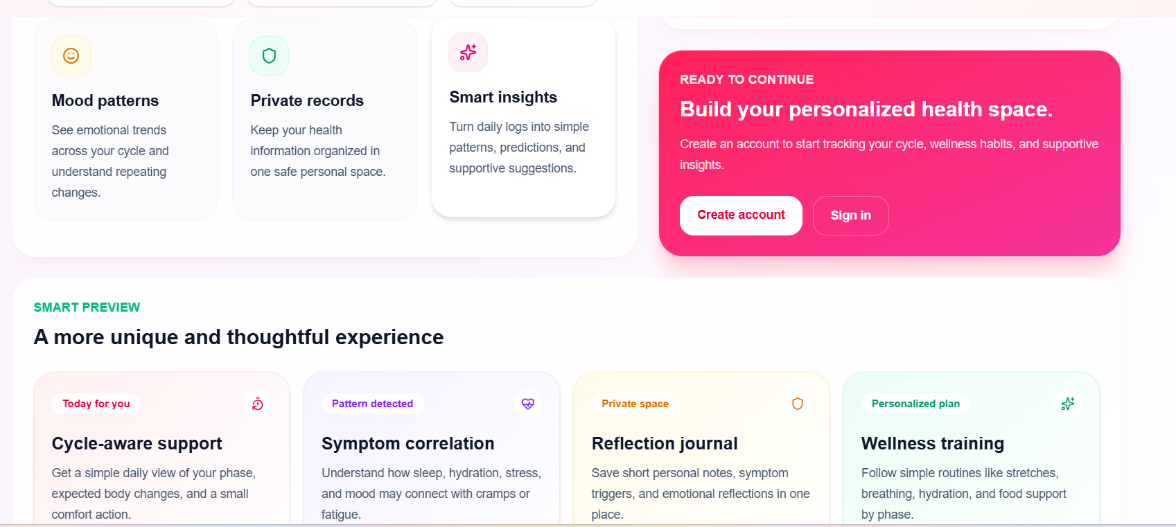 A digital health companion for menstrual health, wellness tracking, and personalized insights. A digital health companion for menstrual health, wellness tracking, and personalized insights.
