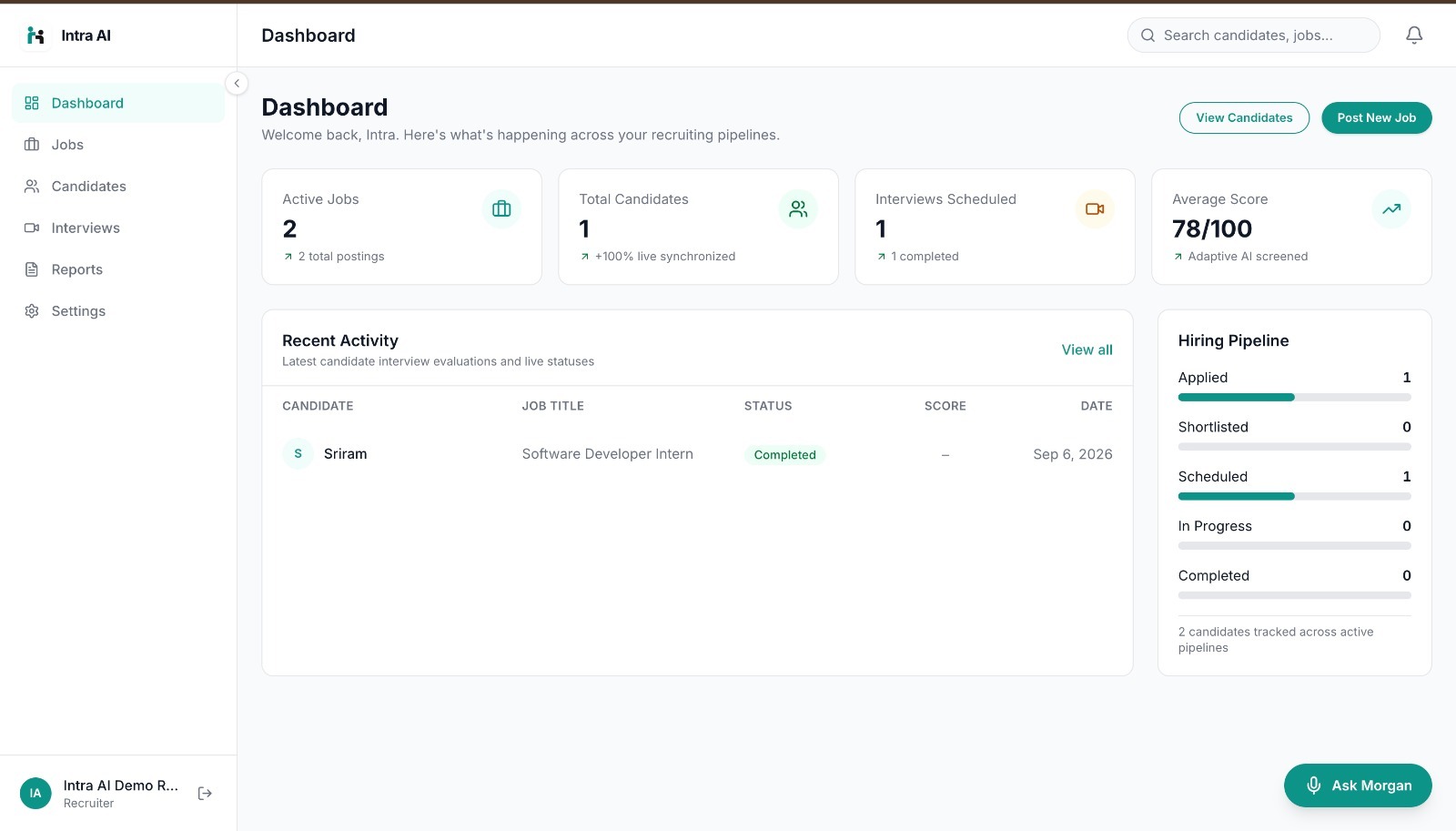 Intra AI — Adaptive AI Recruitment and Interview Platform Intra AI — Adaptive AI Recruitment and Interview Platform