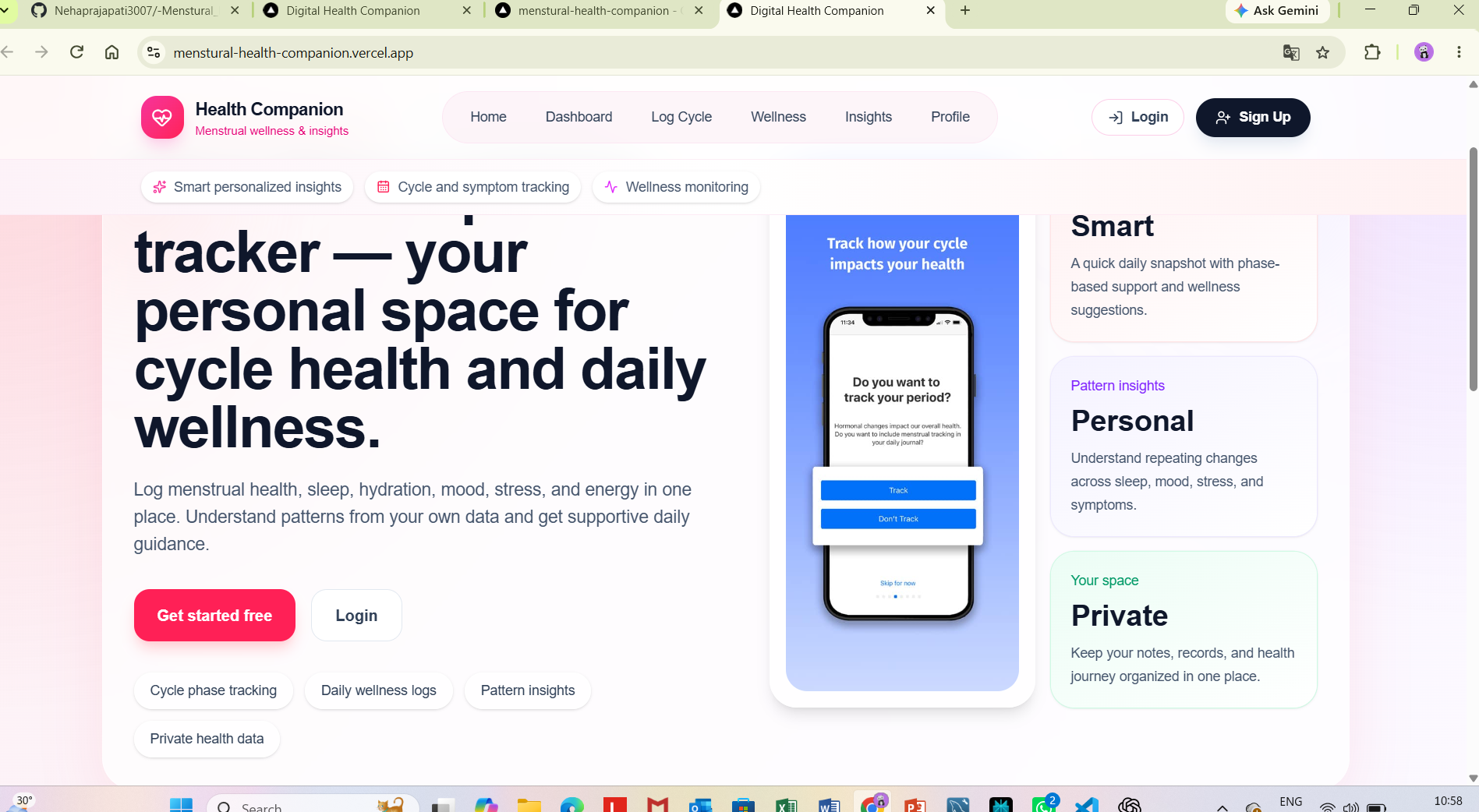 A digital health companion for menstrual health, wellness tracking, and personalized insights. A digital health companion for menstrual health, wellness tracking, and personalized insights.