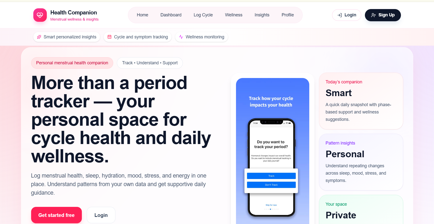 A digital health companion for menstrual health, wellness tracking, and personalized insights. A digital health companion for menstrual health, wellness tracking, and personalized insights.