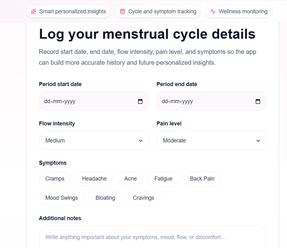 A digital health companion for menstrual health, wellness tracking, and personalized insights. A digital health companion for menstrual health, wellness tracking, and personalized insights.