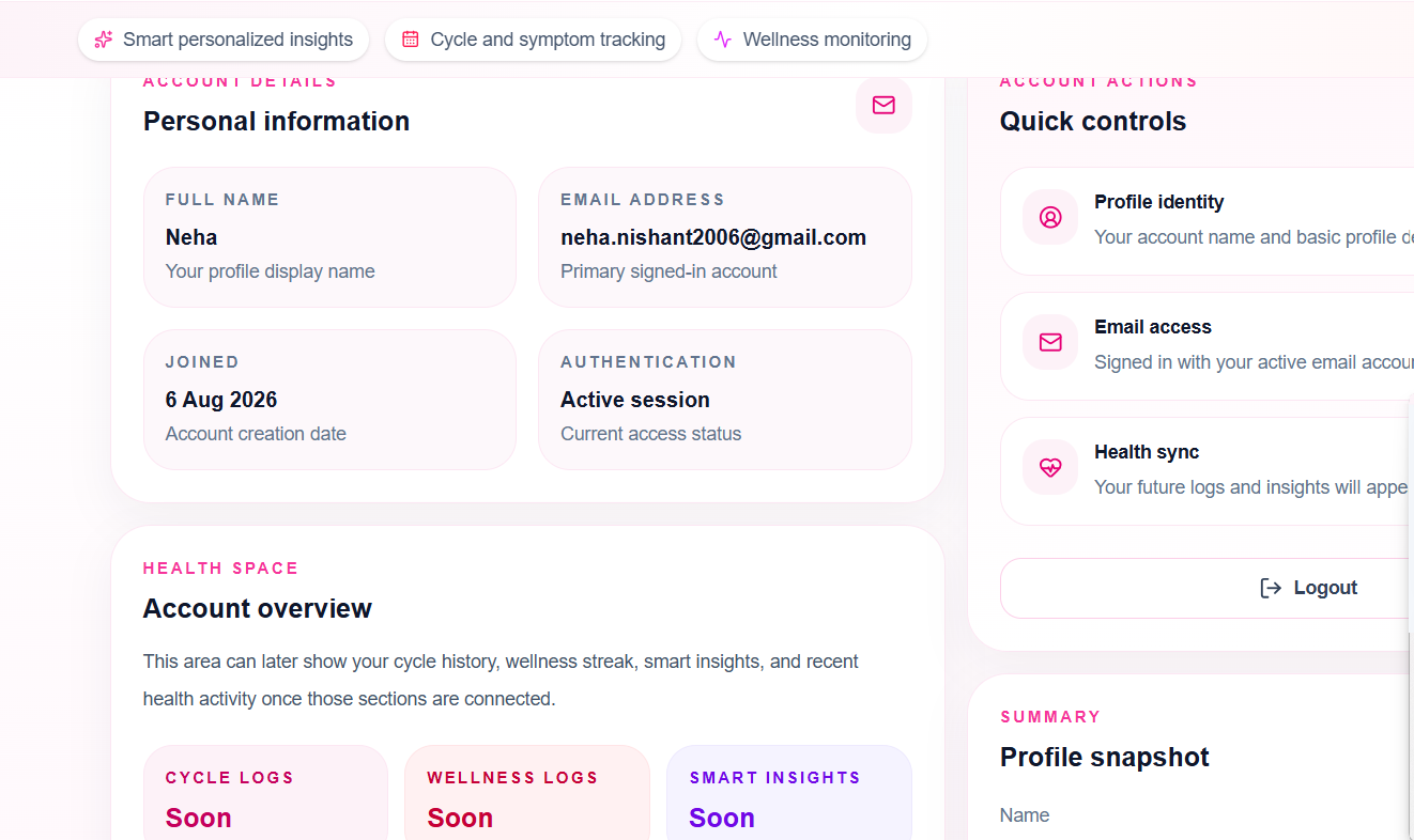 A digital health companion for menstrual health, wellness tracking, and personalized insights. A digital health companion for menstrual health, wellness tracking, and personalized insights.