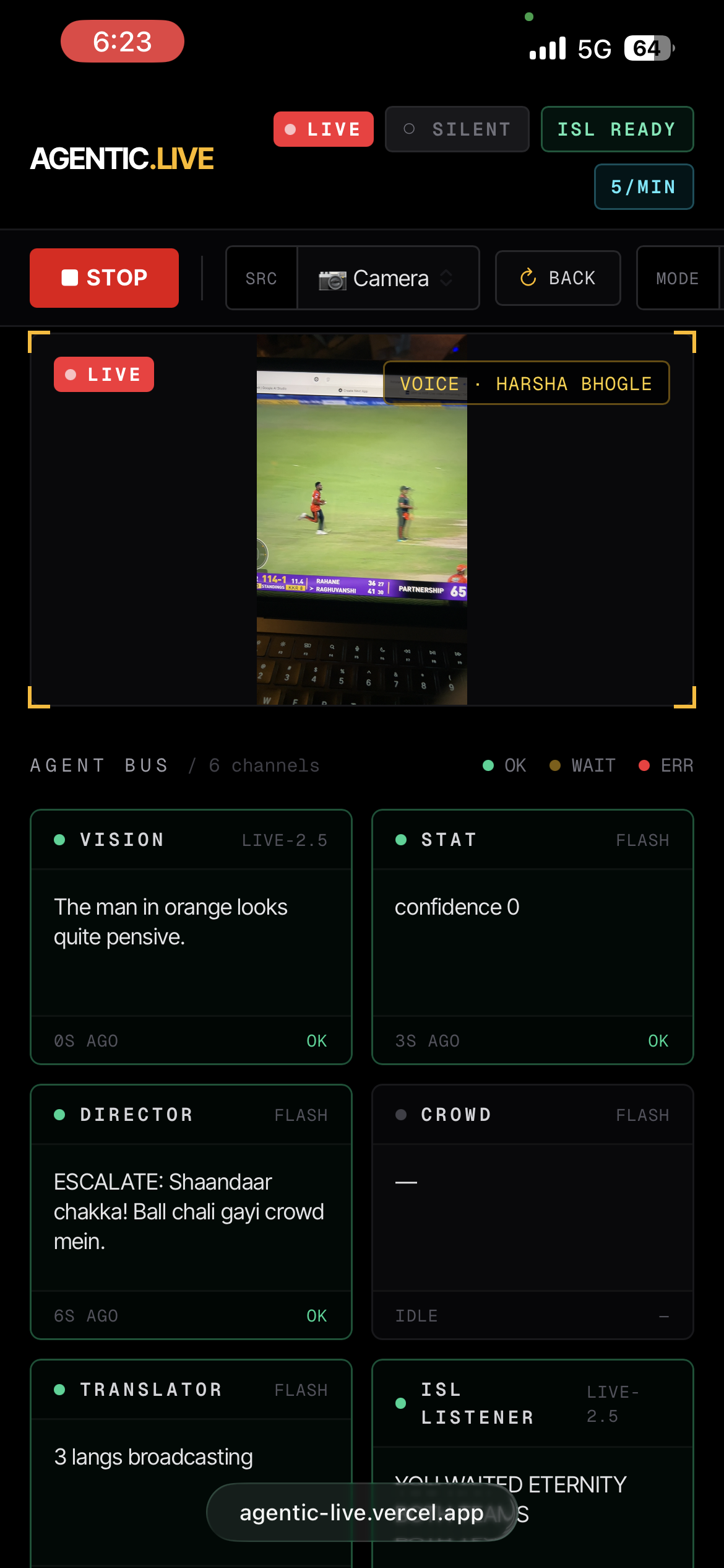 AGENTIC.LIVE — The broadcast booth in a browser tab