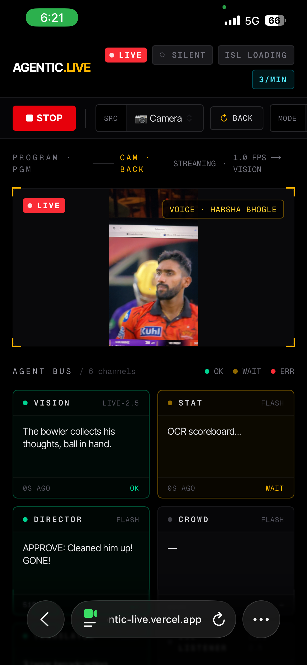AGENTIC.LIVE — The broadcast booth in a browser tab