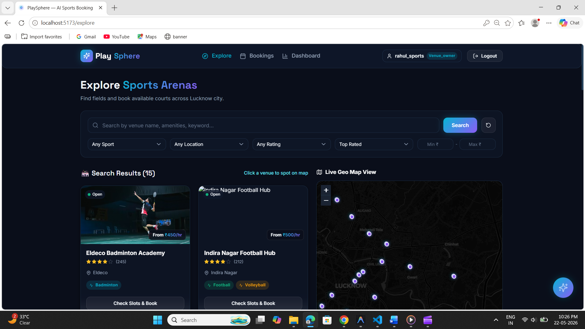 PlaySphere – Full Stack Sports Venue Booking Platform | AI-Powered Web App (MERN Project)