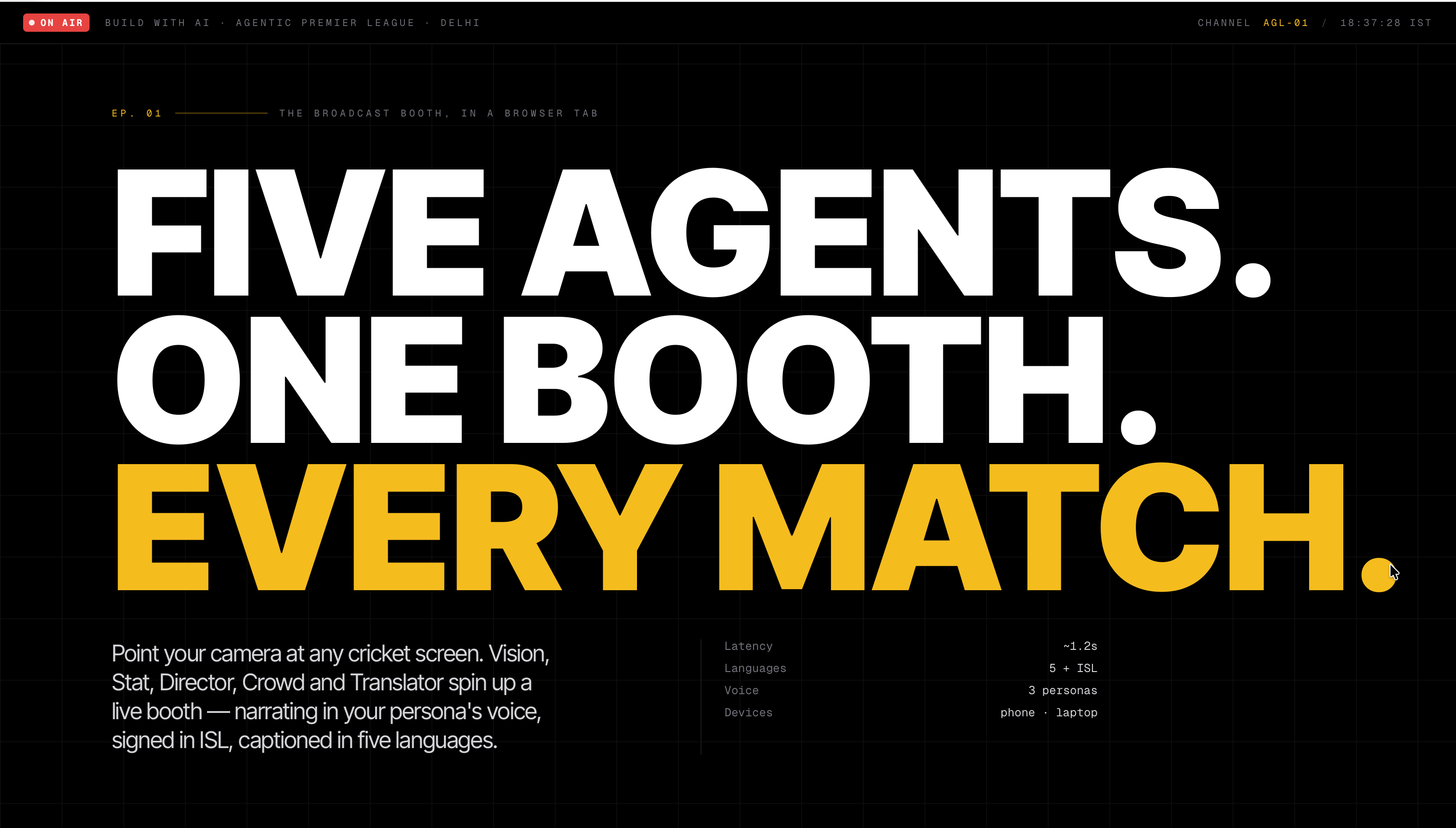 AGENTIC.LIVE — The broadcast booth in a browser tab AGENTIC.LIVE — The broadcast booth in a browser tab