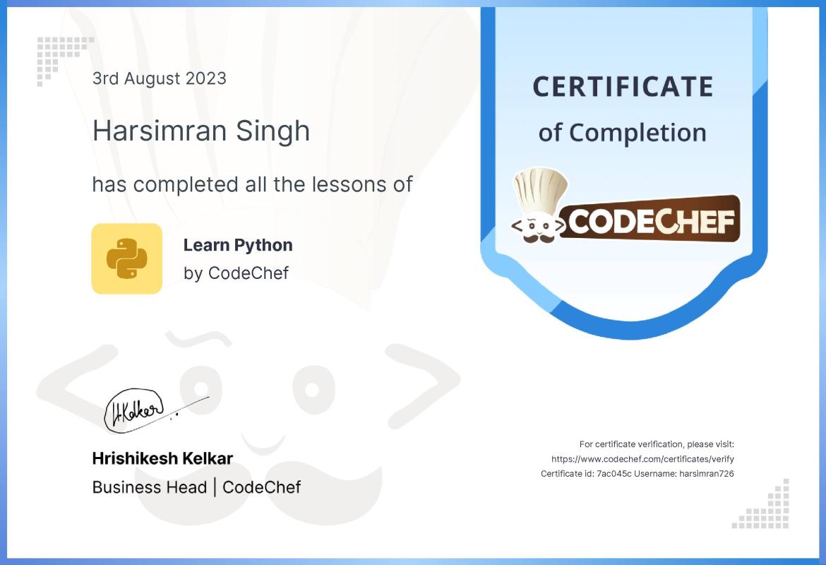Harsimran singh on LinkedIn: CodeChef Certificate - Harsimran Singh