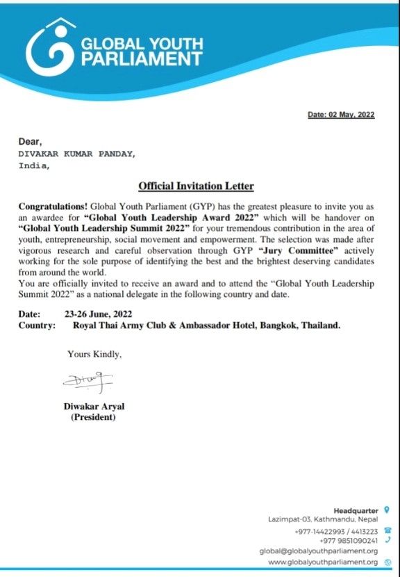  Invitation from Global Parliament  Bangkok Thailand ✌️for Global youth…