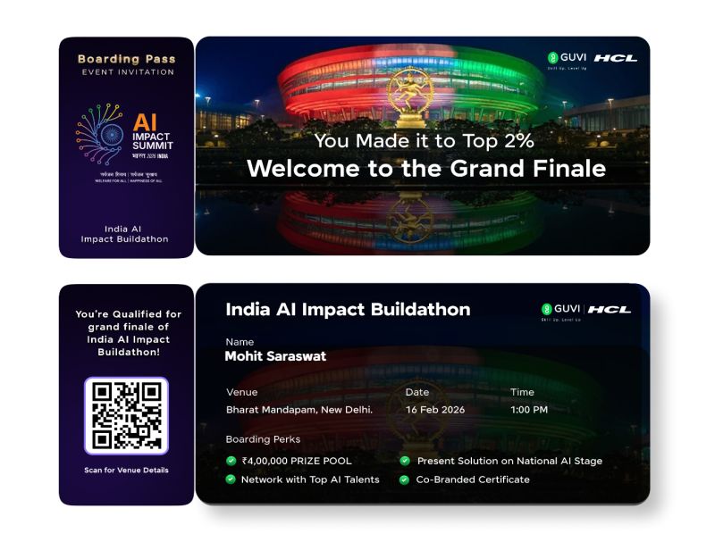 Started with an idea and late nights.
Faced doubts, bugs, and endless retries.
Today, the pass is in my hands — Top 2% 🎟️ 
Team: The Dark Mode 
Grand Finale | 16 Feb 2026 | Bharat Mandapam, New… | Mohit Saraswat