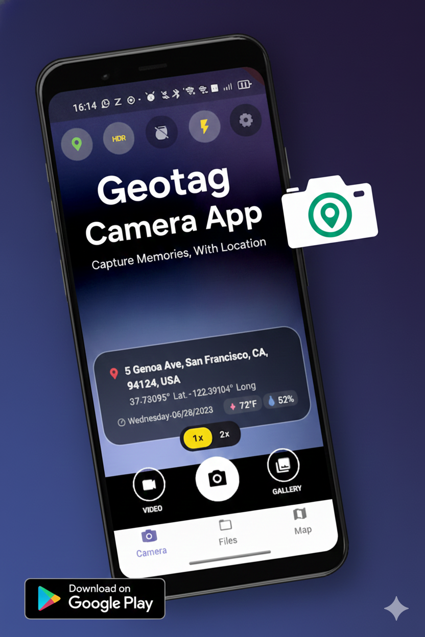 Geotag photos with GPS location, map, date, time, and weather stamps. Geotag photos with GPS location, map, date, time, and weather stamps.