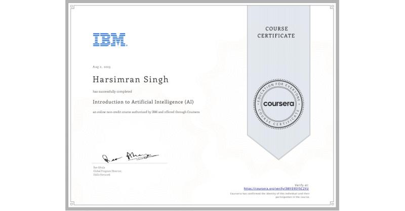 Harsimran singh on LinkedIn: Completion Certificate for Introduction to Artificial Intelligence (AI)