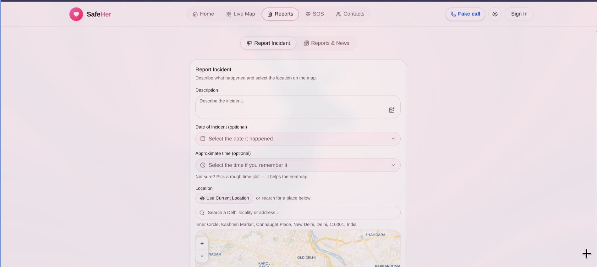 SafeHer - AI-powered system that identifies unsafe locations