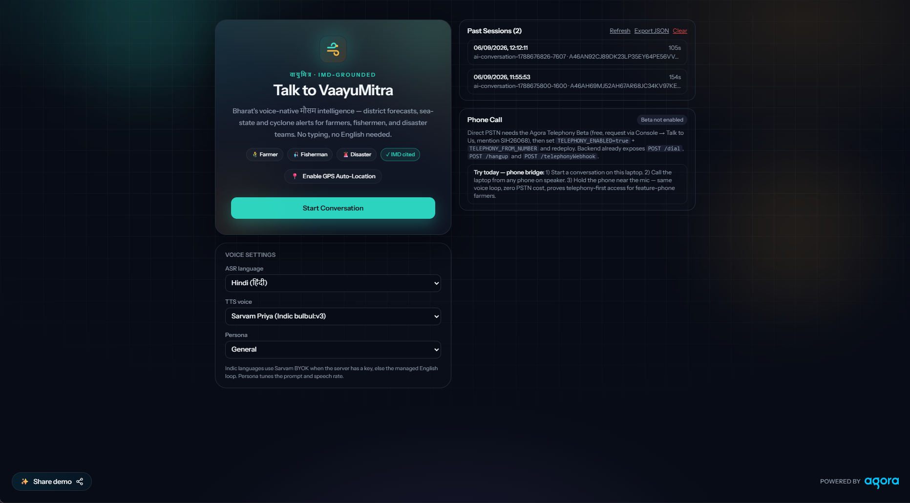 VaayuMitra (Easy and reliable Weather analysis via voice for farmers and fishermen) VaayuMitra (Easy and reliable Weather analysis via voice for farmers and fishermen)