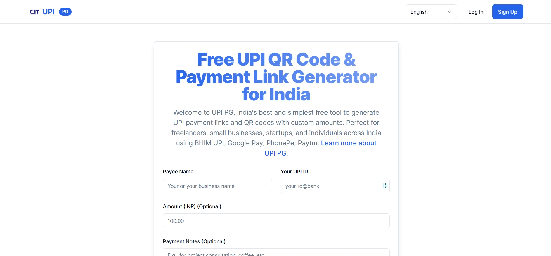UPI PG; Free UPI Payment Link & QR Code Generator