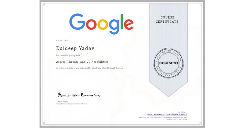 Kuldeep Yadav on LinkedIn: Completion Certificate for Assets, Threats, and Vulnerabilities