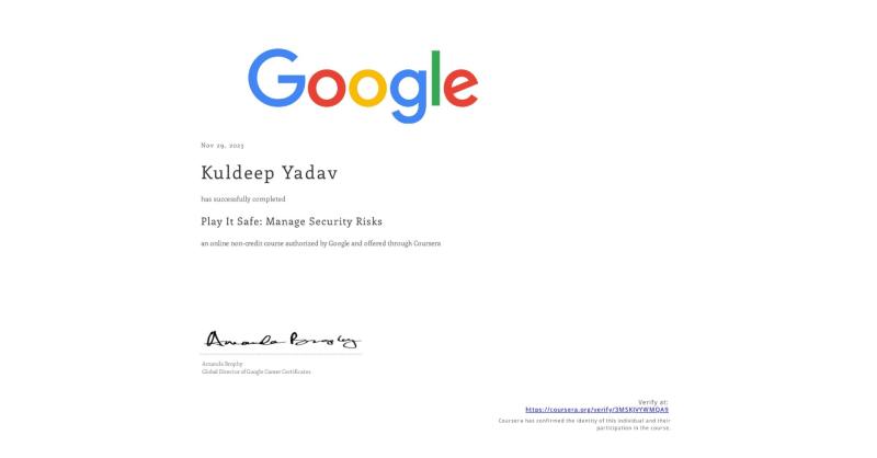 Kuldeep Yadav on LinkedIn: Completion Certificate for Play It Safe: Manage Security Risks