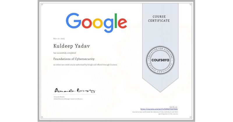 Kuldeep Yadav on LinkedIn: Completion Certificate for Foundations of Cybersecurity