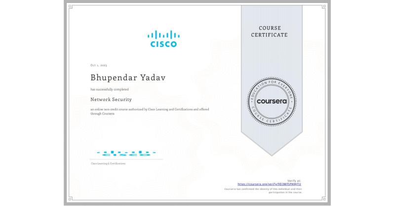 Bhupendar Yadav on LinkedIn: Completion Certificate for Network Security