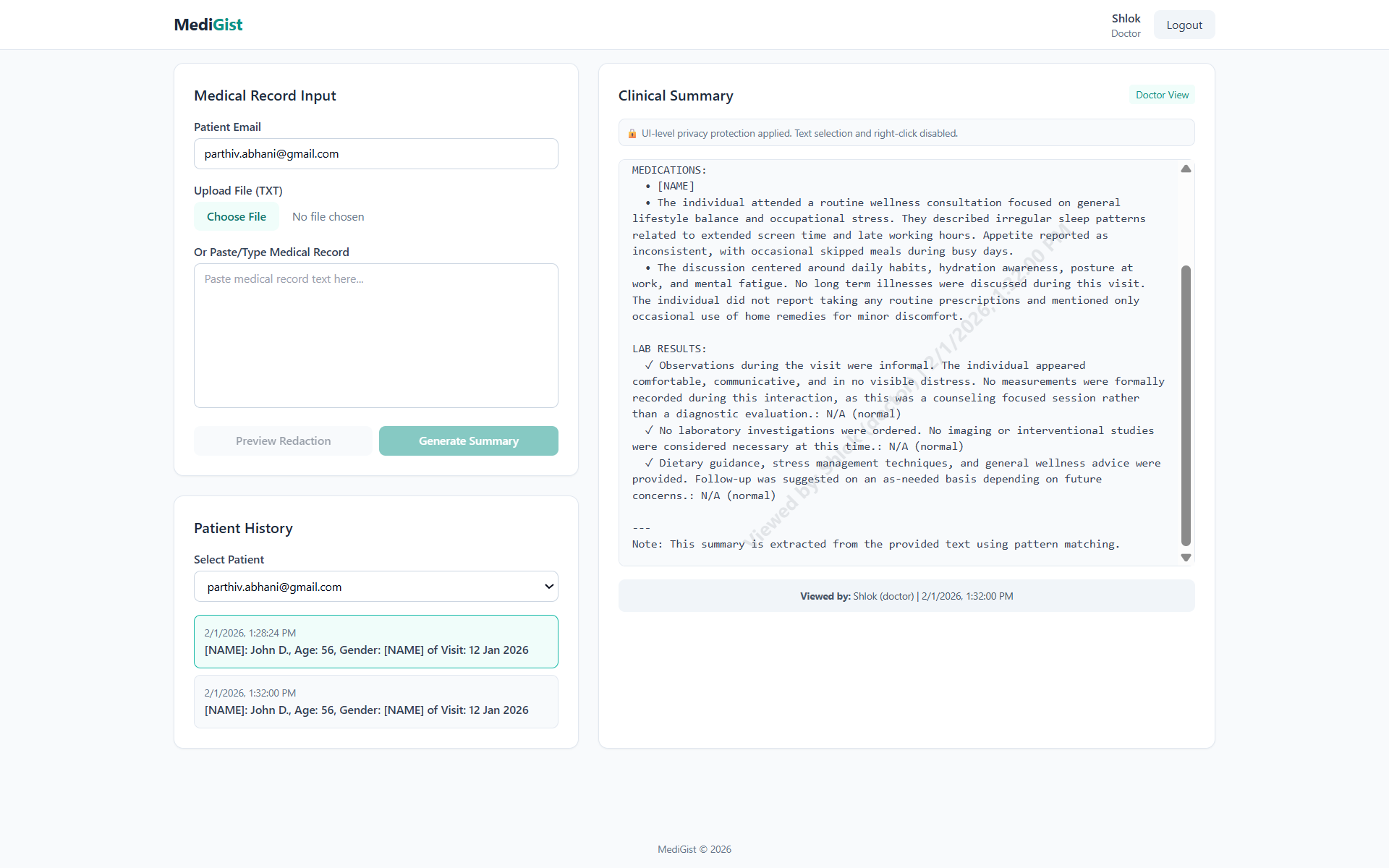 MediGist : Secure AI powered medical record summarization for doctors and patients