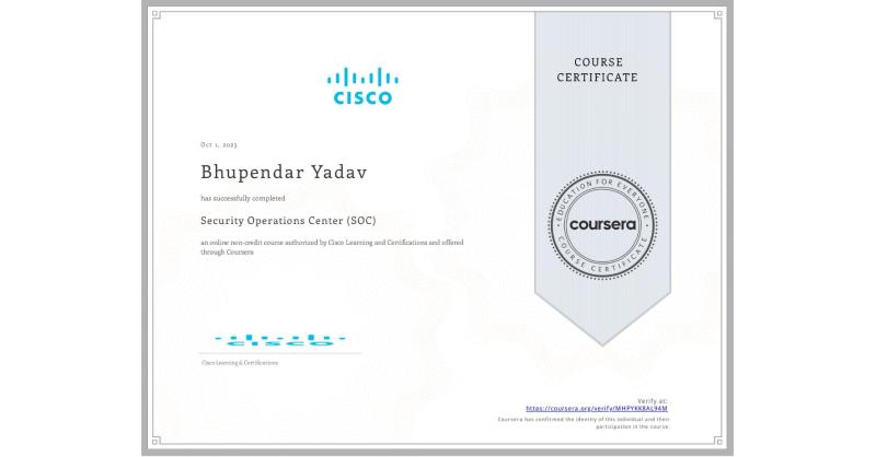 Bhupendar Yadav on LinkedIn: Completion Certificate for Security Operations Center (SOC)