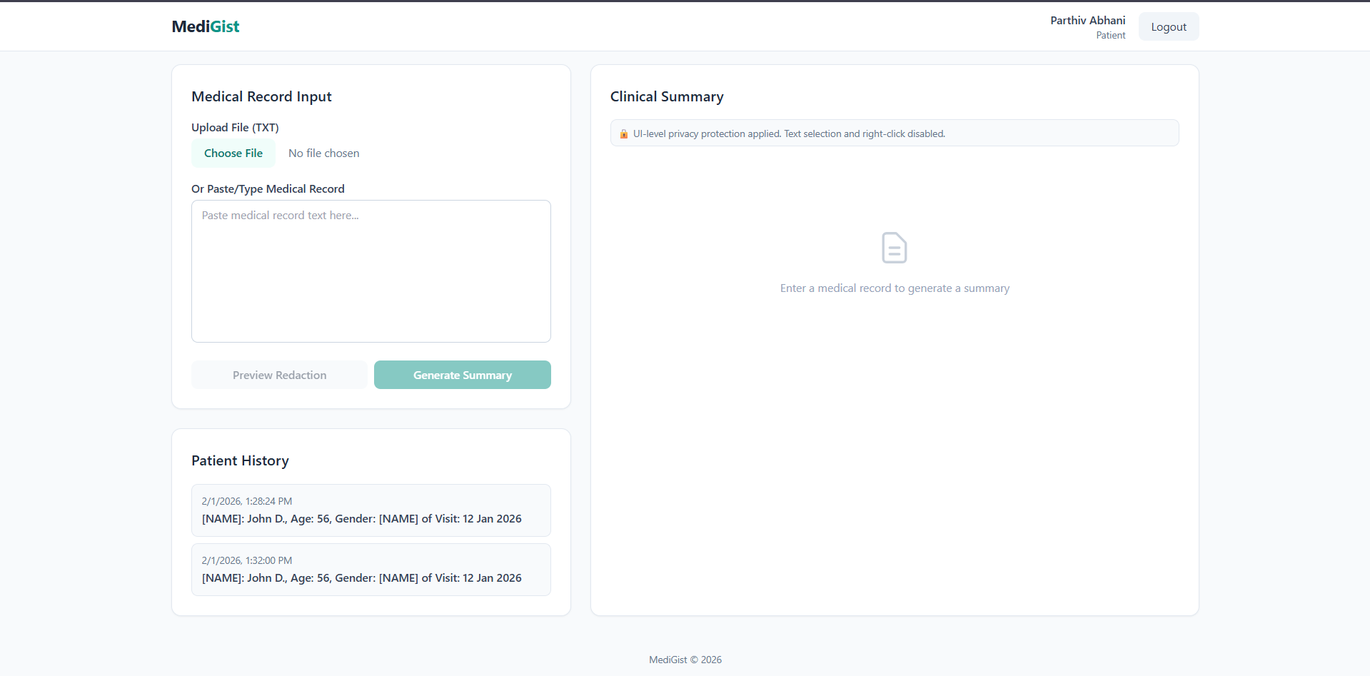 MediGist : Secure AI powered medical record summarization for doctors and patients