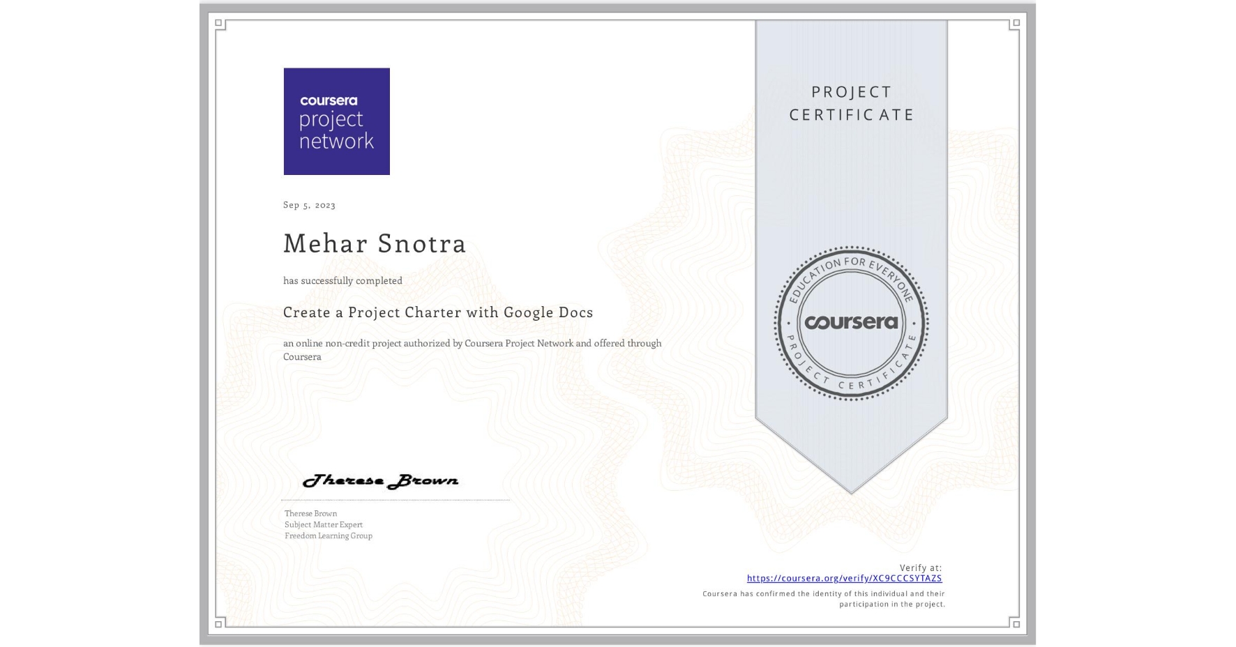 Completion Certificate for Create a Project Charter with Google Docs