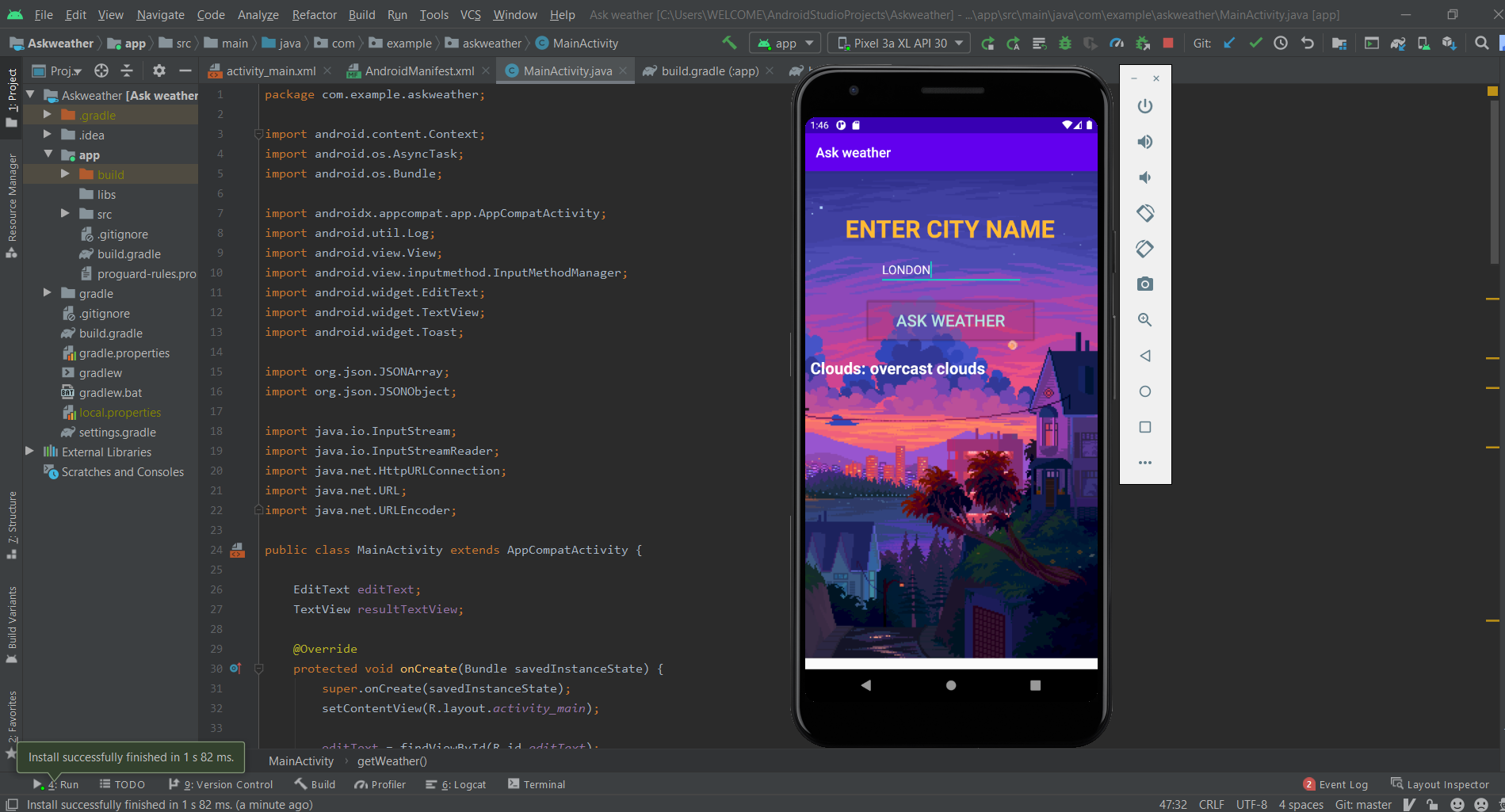 An Android App that gives you weather information of any city using weather API and JSON data. An Android App that gives you weather information of any city using weather API and JSON data.