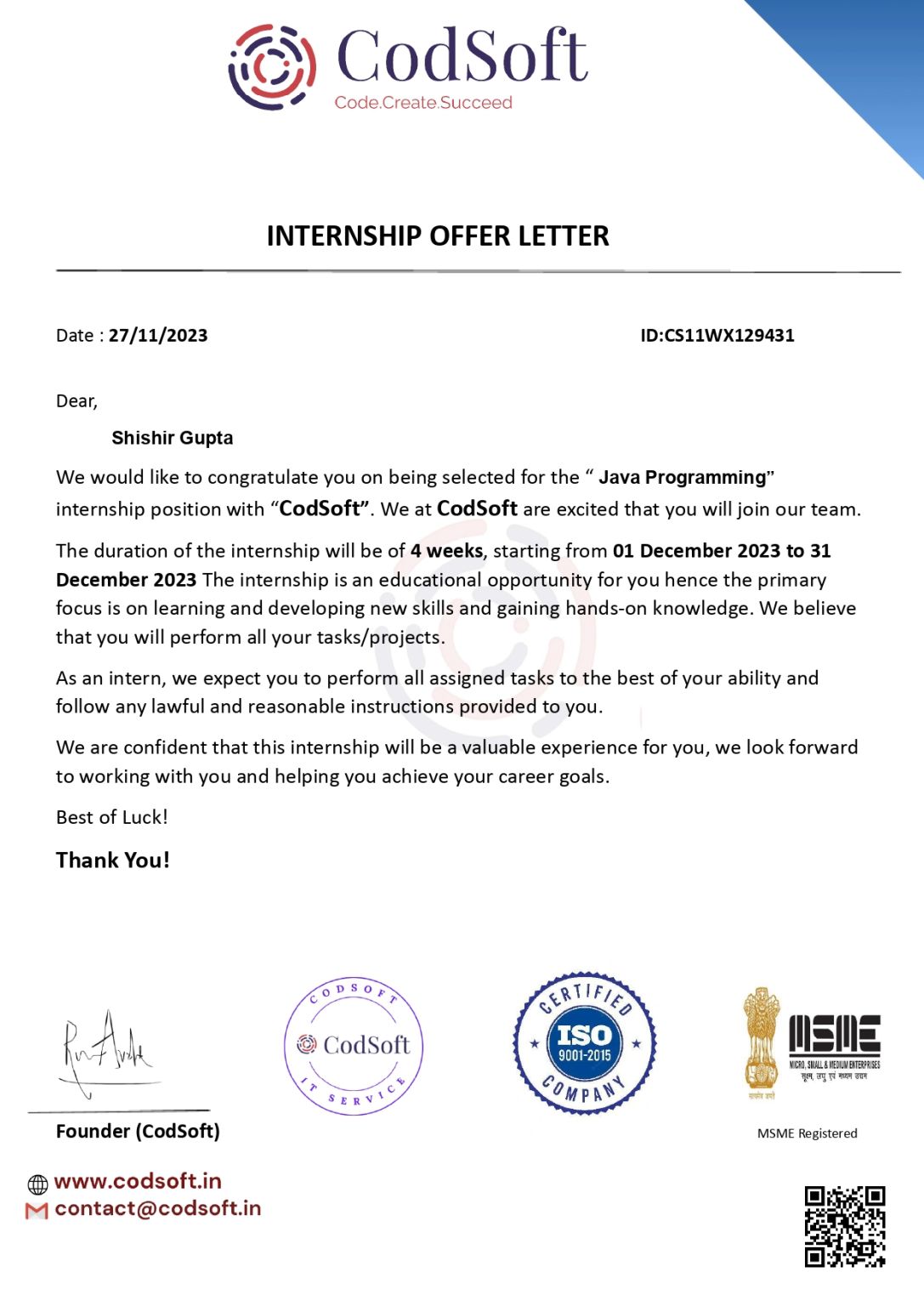 Shishir Gupta on LinkedIn: #java #javainternship #codsoft #learningjourney