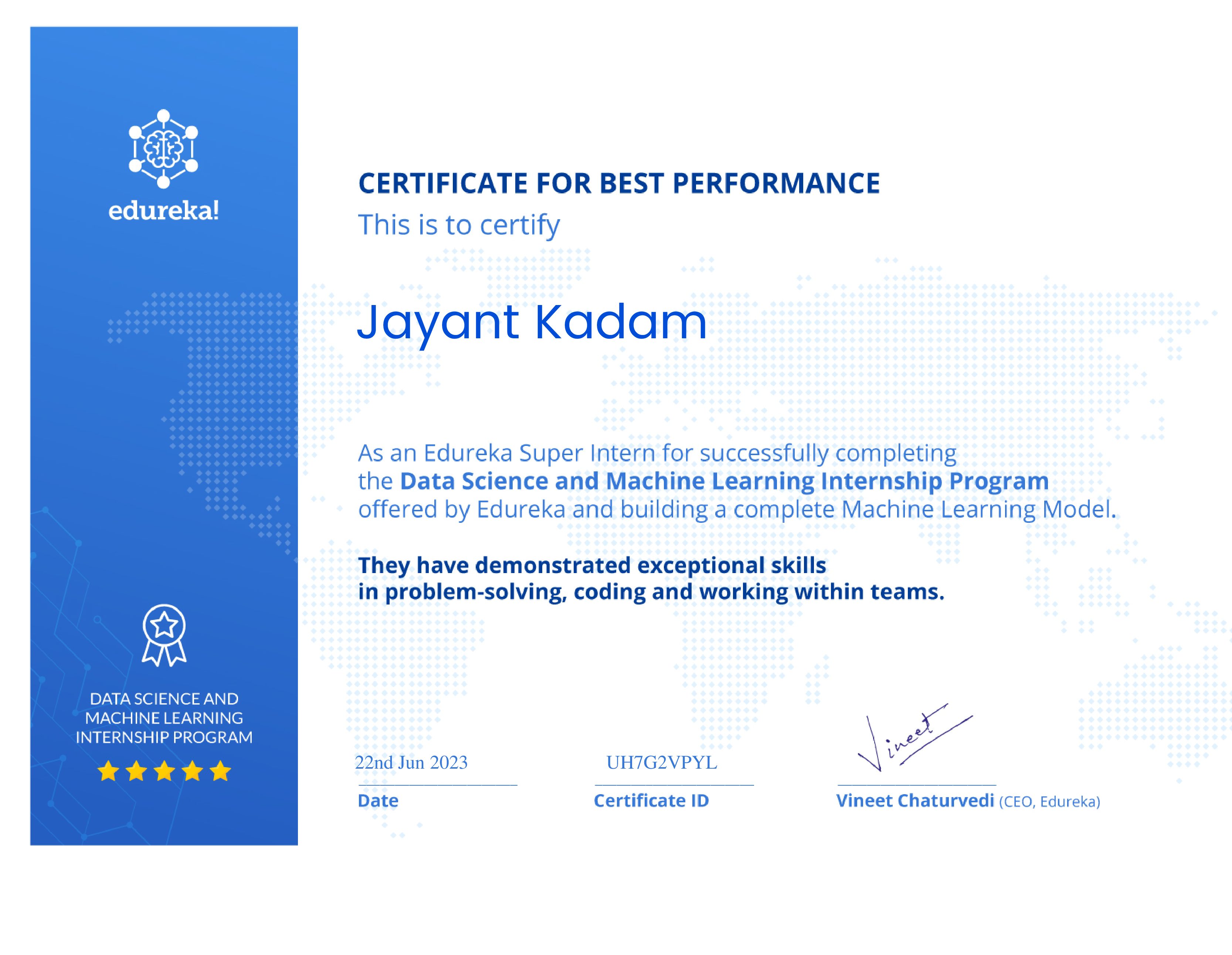Check out Jayant's Certificate on Data Science & Machine learning certification training