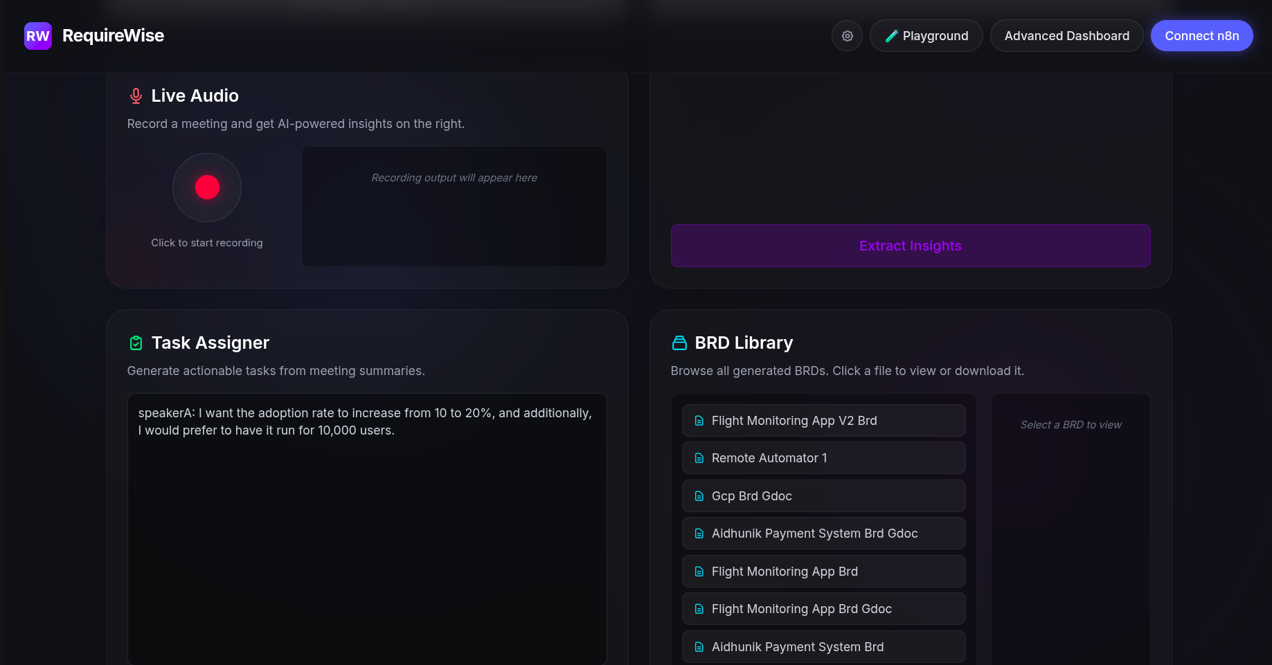RequireWise - Agentic BRD Generation with meeting recording summarization & task assignment